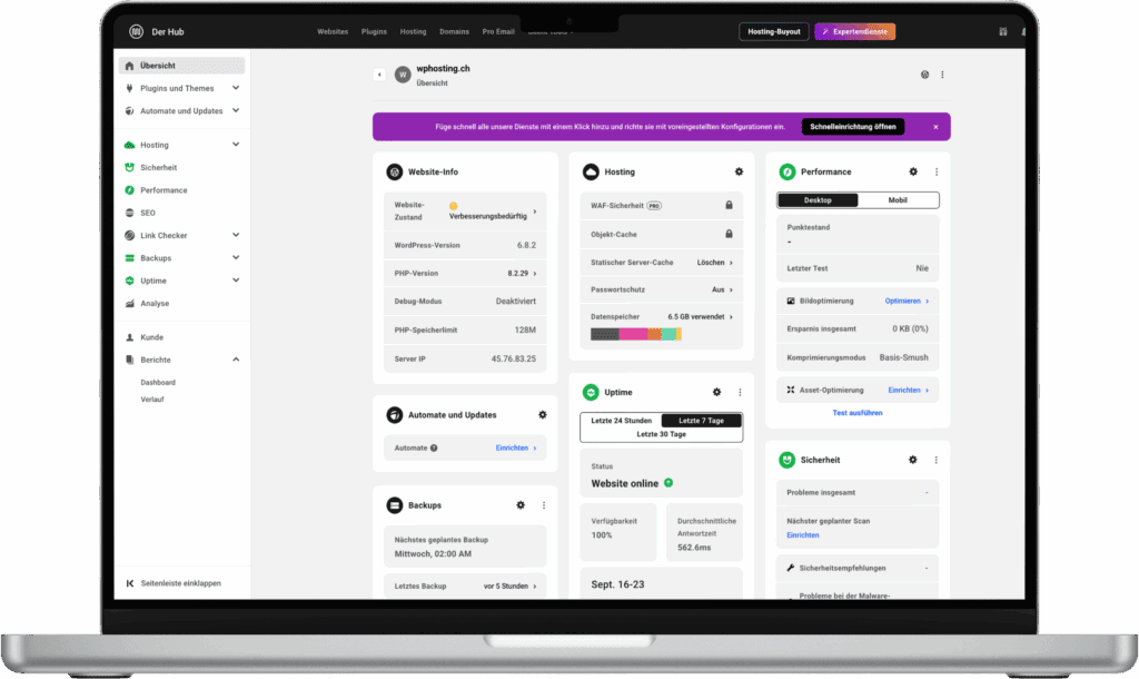 WordPress Hosting Dashboard-Funktionen