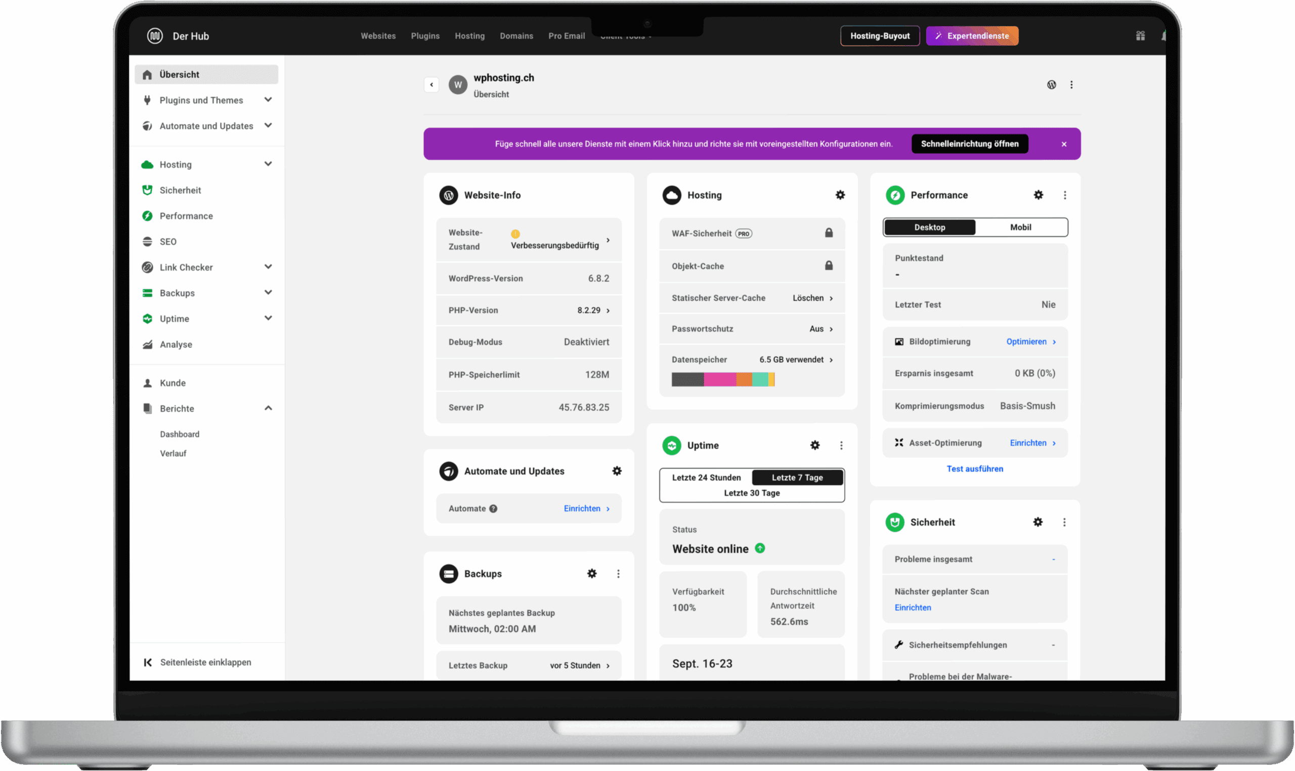 WordPress Hosting Dashboard-Funktionen